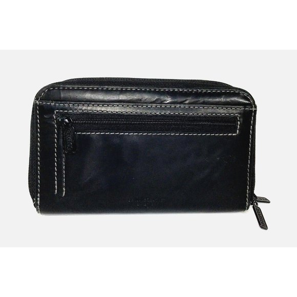 Buxton Black Leather Multicompartment Zip Clutch Wallet - Picture 2 of 12